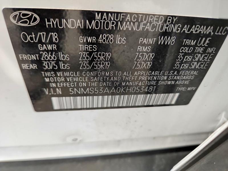 Aukcja sprzedaży 2019 Hyundai Santa Fe, vin: 5NMS53AA0KH053481, numer aukcji: 65558786