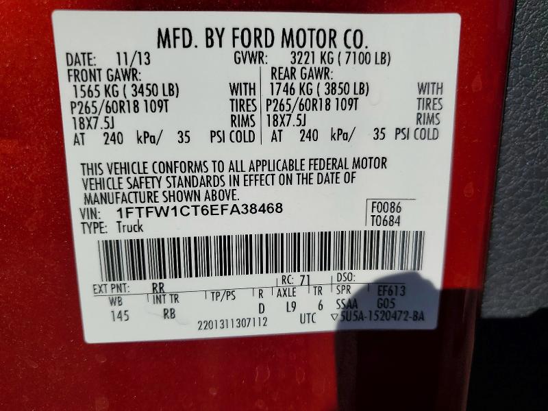 63720676 :رقم المزاد ، 1FTFW1CT6EFA38468 vin ، 2014 Ford F150 مزاد بيع
