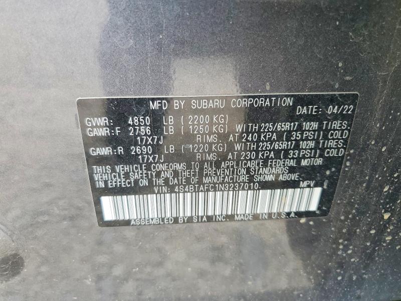 2022 Subaru Outback მანქანა იყიდება აუქციონზე, vin: 4S4BTAFC1N3237010, აუქციონის ნომერი: 67117546