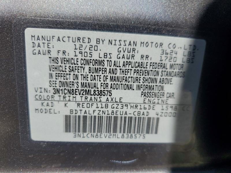 2021 Nissan Versa მანქანა იყიდება აუქციონზე, vin: 3N1CN8EV2ML838575, აუქციონის ნომერი: 64995736