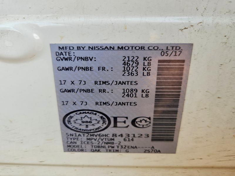 2017 Nissan Rogue მანქანა იყიდება აუქციონზე, vin: 5N1AT2MV6HC843123, აუქციონის ნომერი: 65462986