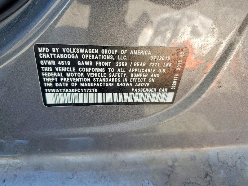 2015 Volkswagen Passat მანქანა იყიდება აუქციონზე, vin: 1VWAT7A30FC117210, აუქციონის ნომერი: 65347106