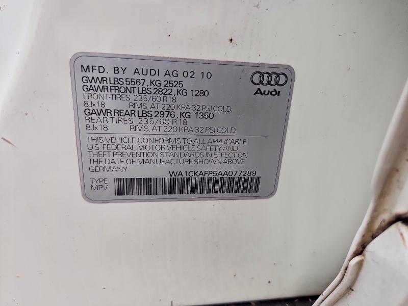 64513946 :رقم المزاد ، WA1CKAFP5AA077289 vin ، 2010 Audi Q5 مزاد بيع