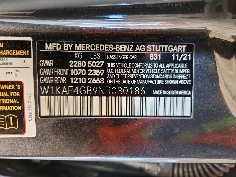 Aukcja sprzedaży 2022 Mercedes-benz C, vin: W1KAF4GB9NR030186, numer aukcji: 66461186