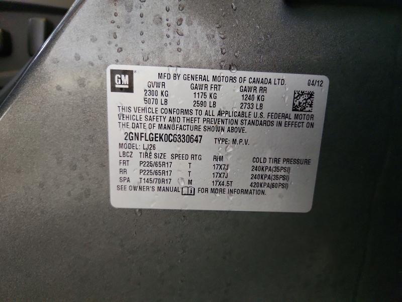 Продаж на аукціоні авто 2012 Chevrolet Equinox, vin: 2GNFLGEK0C6330647, номер лоту: 62119916
