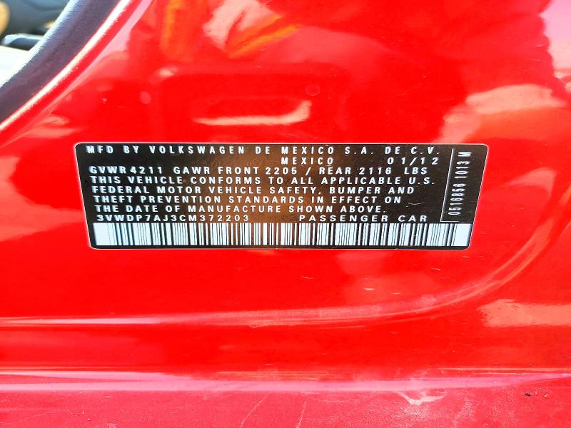 2012 Volkswagen Jetta მანქანა იყიდება აუქციონზე, vin: 3VWDP7AJ3CM372203, აუქციონის ნომერი: 64781016