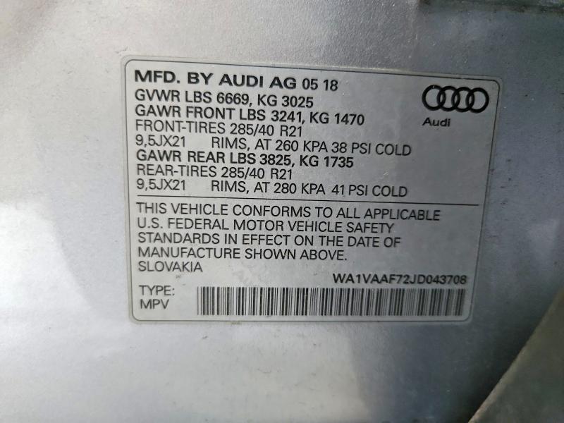 65568286 :رقم المزاد ، WA1VAAF72JD043708 vin ، 2018 Audi Q7 مزاد بيع