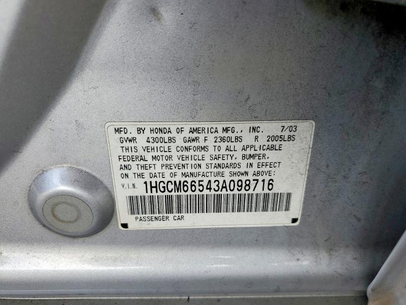 Aukcja sprzedaży 2003 Honda Accord, vin: 1HGCM66543A098716, numer aukcji: 66102806