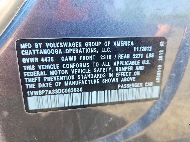 Продажа на аукционе авто 2013 Volkswagen Passat, vin: 1VWBP7A33DC063830, номер лота: 59636906