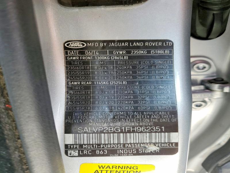 65239576 :رقم المزاد ، SALVP2BG1FH962351 vin ، 2015 Land Rover Range Rover Evoque مزاد بيع