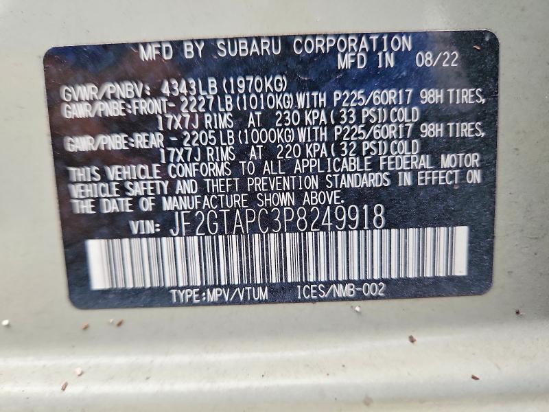 Aukcja sprzedaży 2023 Subaru Crosstrek, vin: JF2GTAPC3P8249918, numer aukcji: 66941796