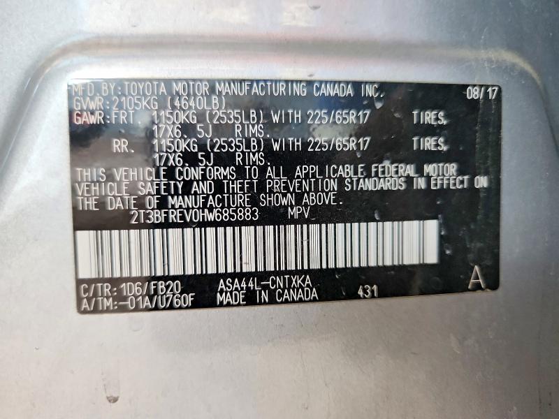 2017 Toyota Rav4 მანქანა იყიდება აუქციონზე, vin: 2T3BFREV0HW685883, აუქციონის ნომერი: 64560006