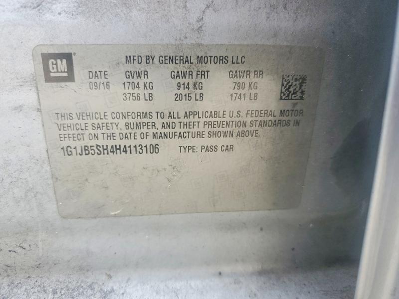 2017 Chevrolet Sonic მანქანა იყიდება აუქციონზე, vin: 1G1JB5SH4H4113106, აუქციონის ნომერი: 63339546