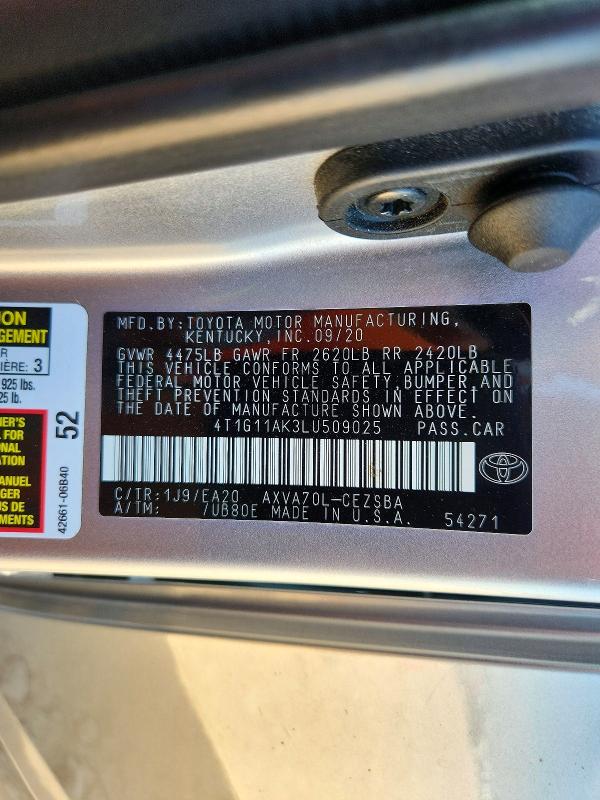 Продаж на аукціоні авто 2020 Toyota Camry, vin: 4T1G11AK3LU509025, номер лоту: 65872976