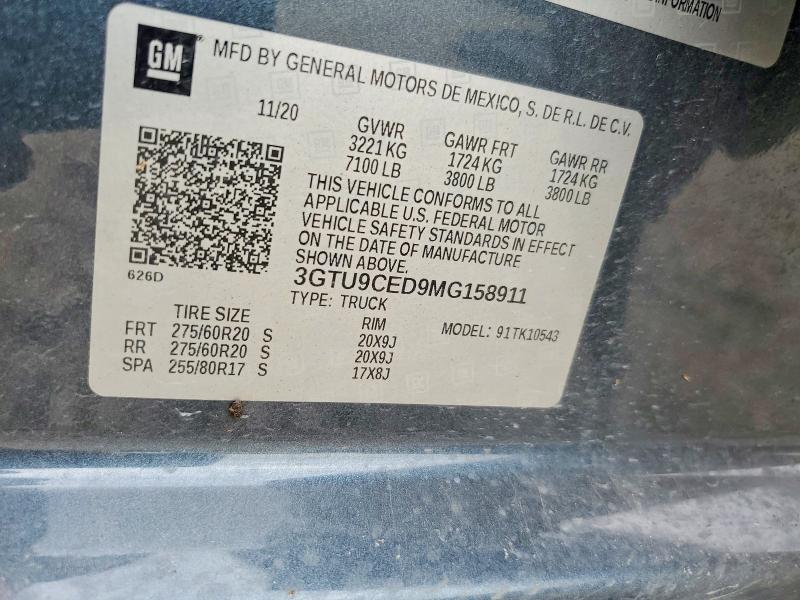 2021 Gmc Sierra მანქანა იყიდება აუქციონზე, vin: 3GTU9CED9MG158911, აუქციონის ნომერი: 66818306