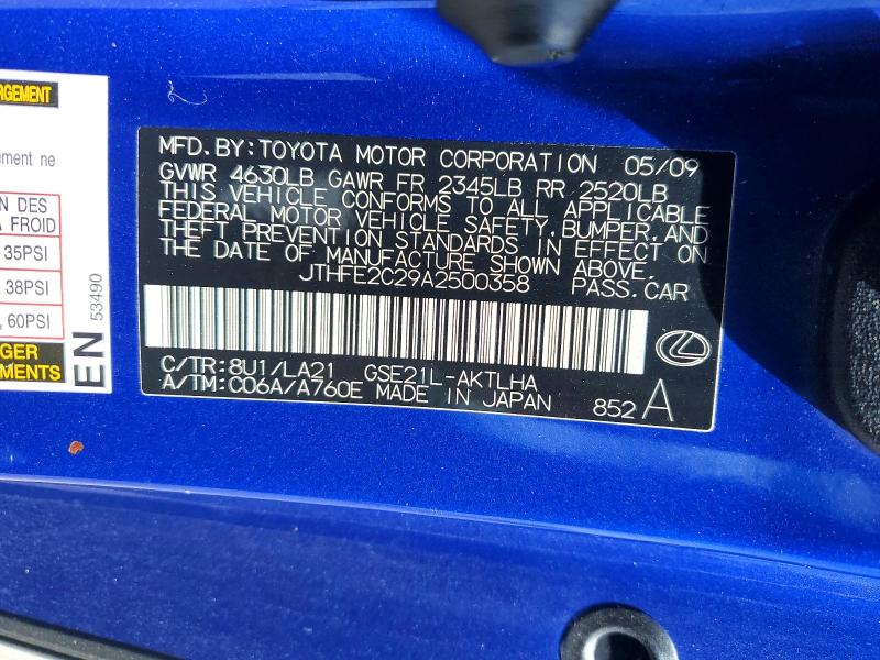 Aukcja sprzedaży 2010 Lexus Is, vin: JTHFE2C29A2500358, numer aukcji: 66073606