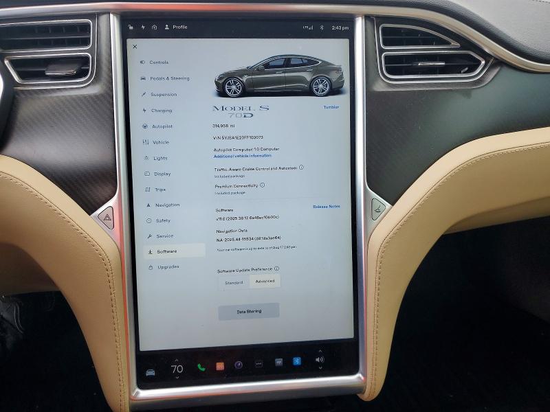 2015 Tesla Model S მანქანა იყიდება აუქციონზე, vin: 5YJSA1E23FF103073, აუქციონის ნომერი: 65476066