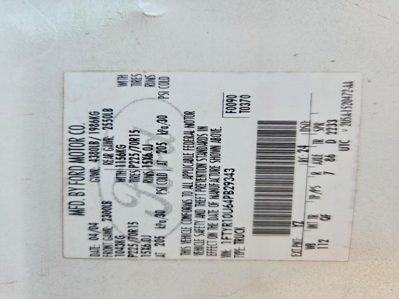2004 Ford Ranger მანქანა იყიდება აუქციონზე, vin: 1FTYR10U64PB29343, აუქციონის ნომერი: 65688866