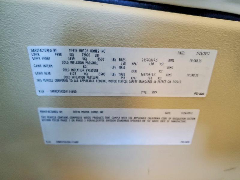 2013 Tiffin Mot Allegro მანქანა იყიდება აუქციონზე, vin: 5VBRC93A2DA114600, აუქციონის ნომერი: 63859376