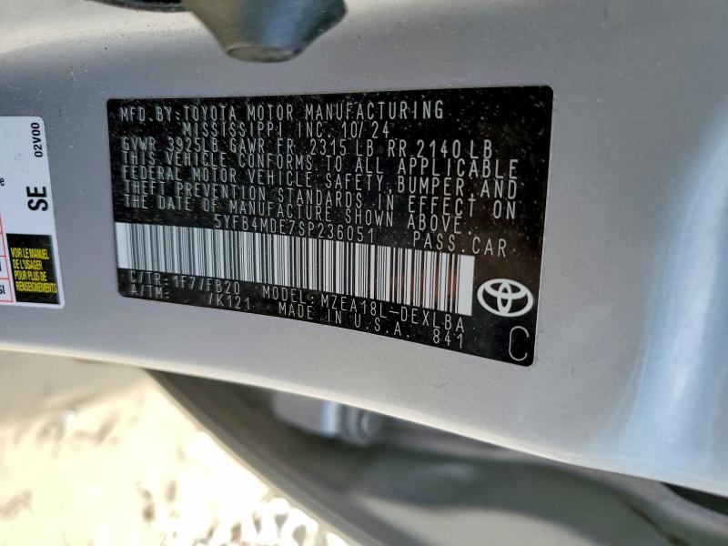 2025 Toyota Corolla მანქანა იყიდება აუქციონზე, vin: 5YFB4MDE7SP236051, აუქციონის ნომერი: 65155066
