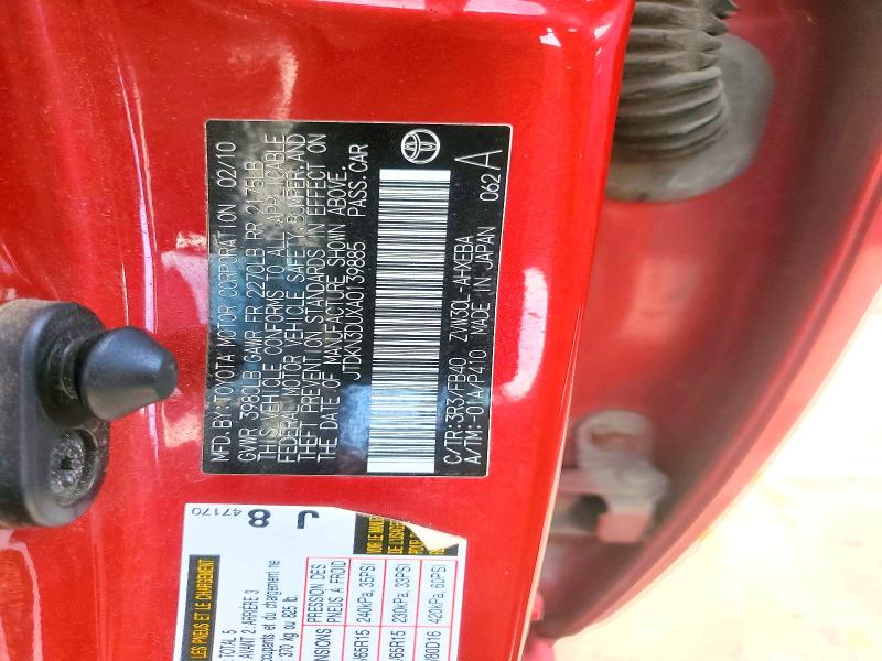 63183456 :رقم المزاد ، JTDKN3DUXA0139885 vin ، 2010 Toyota Prius مزاد بيع
