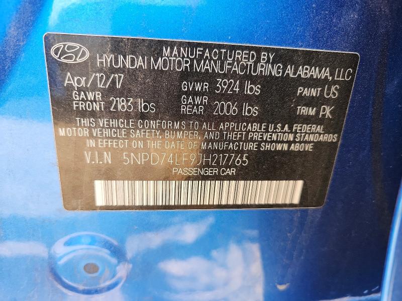 66801746 :رقم المزاد ، 5NPD74LF9JH217765 vin ، 2018 Hyundai Elantra مزاد بيع