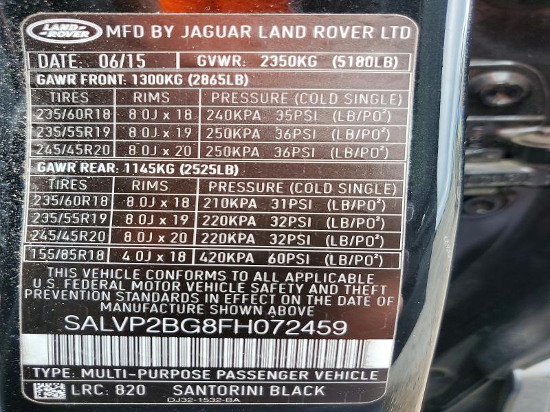 2015 Land Rover Range Rover Evoque მანქანა იყიდება აუქციონზე, vin: SALVP2BG8FH072459, აუქციონის ნომერი: 63961596