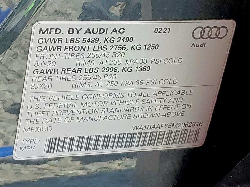 Aukcja sprzedaży 2021 Audi Q5, vin: WA1BAAFY5M2062846, numer aukcji: 63045946