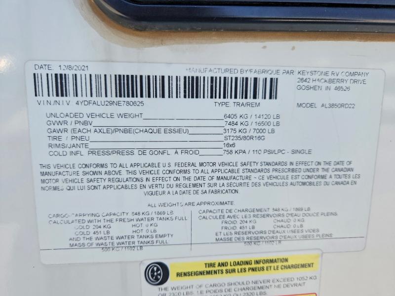 62122716 :رقم المزاد ، 4YDFALU29NE780625 vin ، 2022 Keystone Alpine 3010 Re مزاد بيع