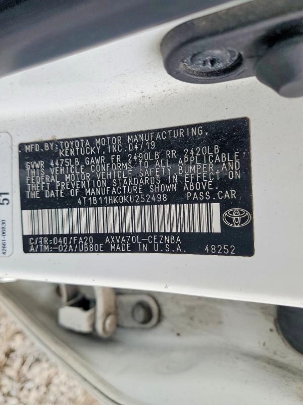 2019 Toyota Camry მანქანა იყიდება აუქციონზე, vin: 4T1B11HK0KU252498, აუქციონის ნომერი: 65563576