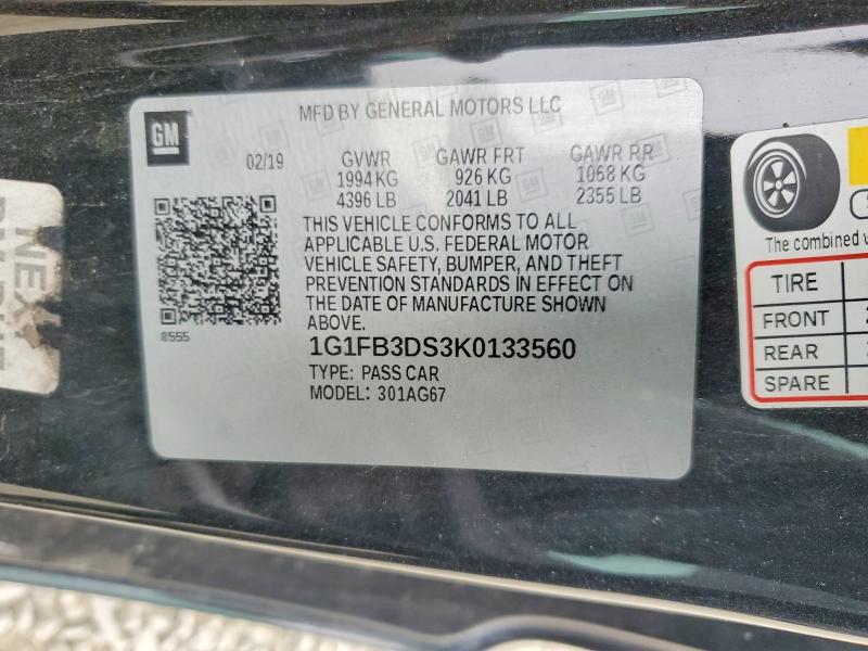 2019 Chevrolet Camaro მანქანა იყიდება აუქციონზე, vin: 1G1FB3DS3K0133560, აუქციონის ნომერი: 65136186