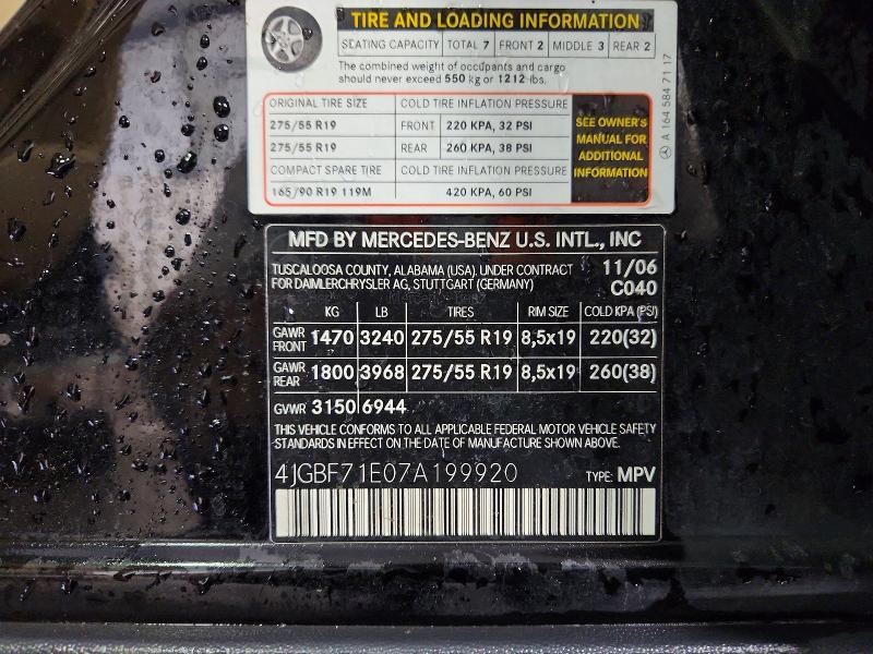 65483646 :رقم المزاد ، 4JGBF71E07A199920 vin ، 2007 Mercedes-benz Gl مزاد بيع