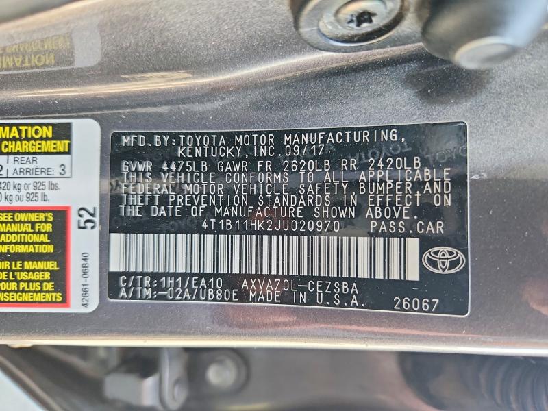 2018 Toyota Camry მანქანა იყიდება აუქციონზე, vin: 4T1B11HK2JU020970, აუქციონის ნომერი: 66786766