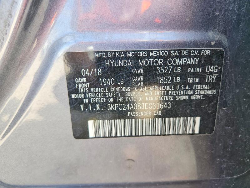 2018 Hyundai Accent მანქანა იყიდება აუქციონზე, vin: 3KPC24A38JE031643, აუქციონის ნომერი: 66927566