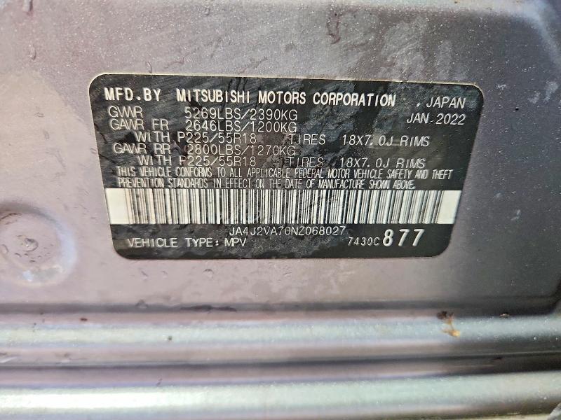 2022 Mitsubishi Outlander მანქანა იყიდება აუქციონზე, vin: JA4J2VA70NZ068027, აუქციონის ნომერი: 66748716