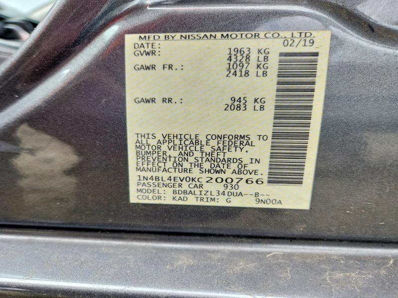 63747536 :رقم المزاد ، 1N4BL4EV0KC200766 vin ، 2019 Nissan Altima مزاد بيع