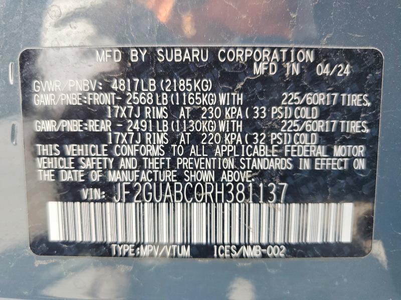 65021896 :رقم المزاد ، JF2GUABC0RH381137 vin ، 2024 Subaru Crosstrek مزاد بيع