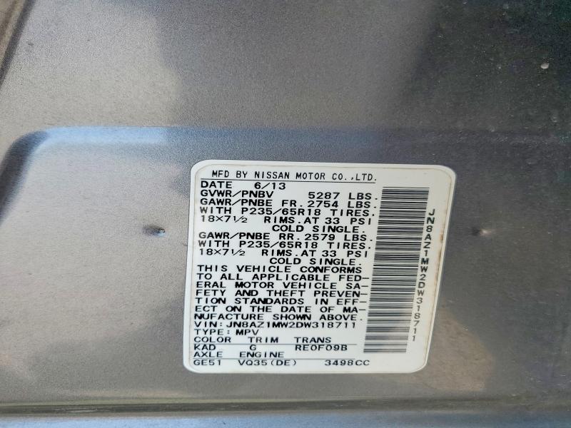 2013 Nissan Murano მანქანა იყიდება აუქციონზე, vin: JN8AZ1MW2DW318711, აუქციონის ნომერი: 65481836