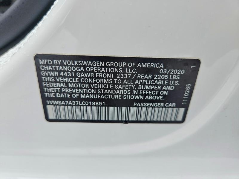 Aukcja sprzedaży 2020 Volkswagen Passat, vin: 1VWSA7A37LC018891, numer aukcji: 63948416