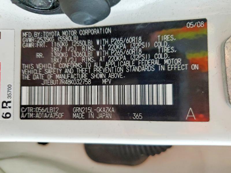Aukcja sprzedaży 2008 Toyota 4runner, vin: JTEBU17R48K032758, numer aukcji: 63957516