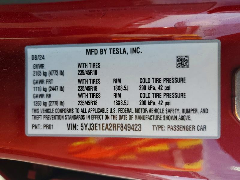 Aukcja sprzedaży 2024 Tesla Model 3, vin: 5YJ3E1EA2RF849423, numer aukcji: 64691946