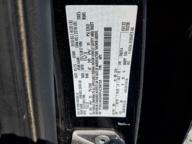 63997596 :رقم المزاد ، 1FMCU0GX0FUC59735 vin ، 2015 Ford Escape مزاد بيع