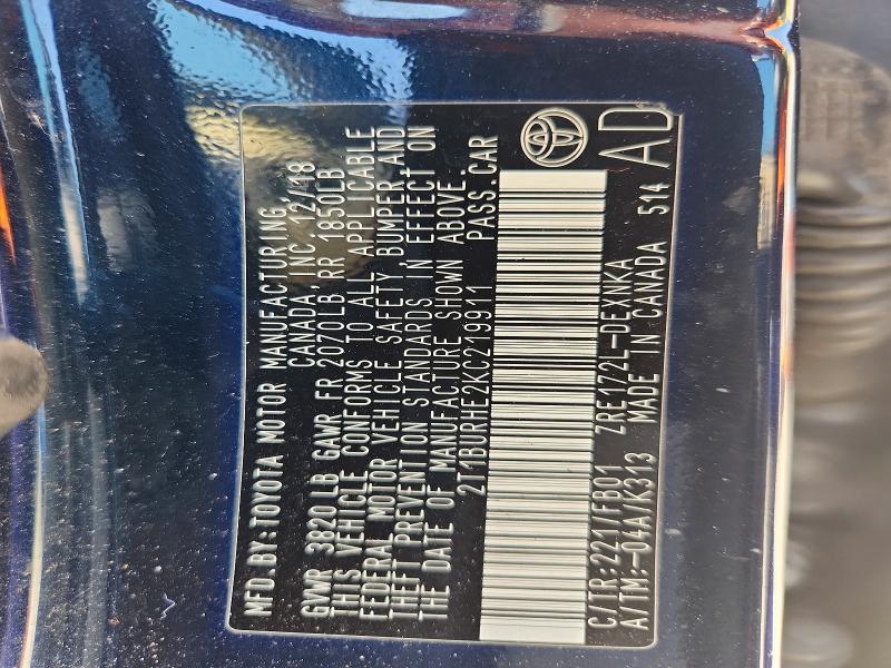 Продаж на аукціоні авто 2019 Toyota Corolla, vin: 2T1BURHE2KC219911, номер лоту: 66038546