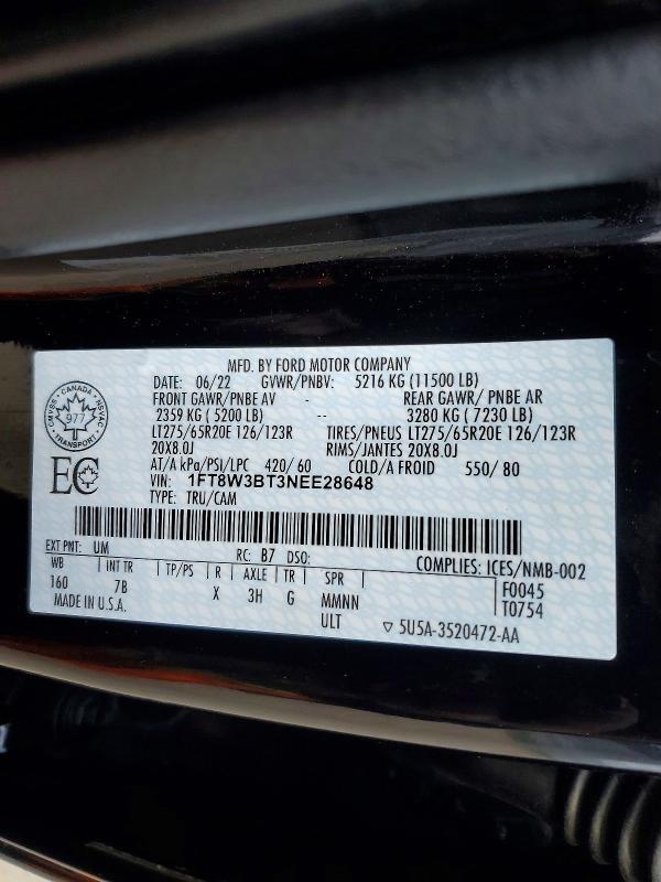 2022 Ford F350 მანქანა იყიდება აუქციონზე, vin: 1FT8W3BT3NEE28648, აუქციონის ნომერი: 65361706