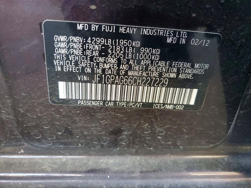 64502426 :رقم المزاد ، JF1GPAG66CH227229 vin ، 2012 Subaru Impreza مزاد بيع