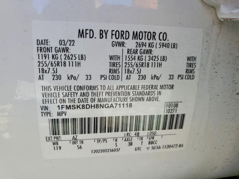 2022 Ford Explorer მანქანა იყიდება აუქციონზე, vin: 1FMSK8DH8NGA71118, აუქციონის ნომერი: 65869346