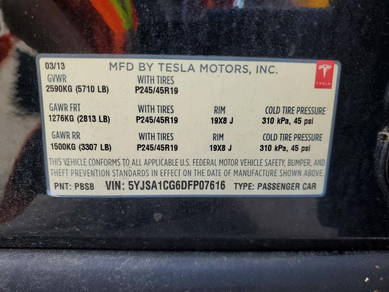 63623386 :رقم المزاد ، 5YJSA1CG6DFP07616 vin ، 2013 Tesla Model S مزاد بيع