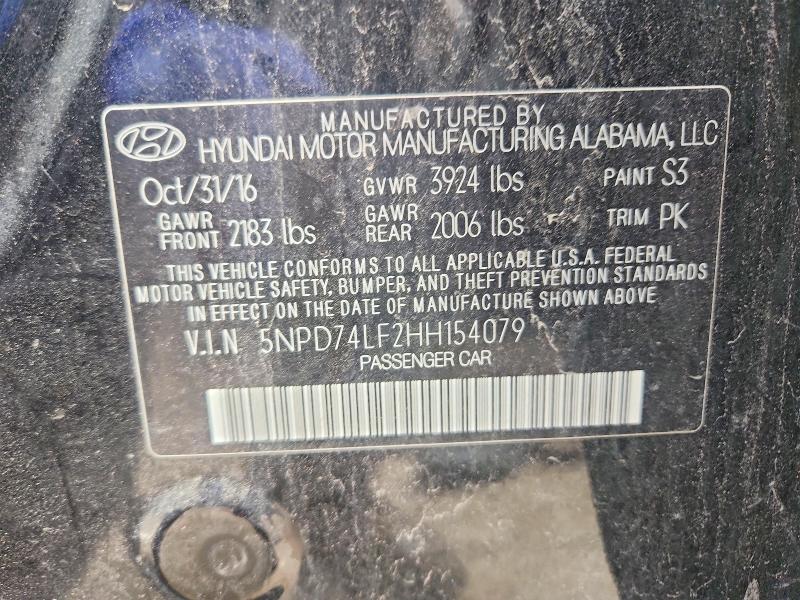 63686856 :رقم المزاد ، 5NPD74LF2HH154079 vin ، 2017 Hyundai Elantra مزاد بيع