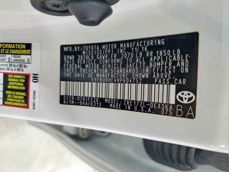 Продажа на аукционе авто 2017 Toyota Corolla, vin: 5YFBURHE4HP604752, номер лота: 63392926