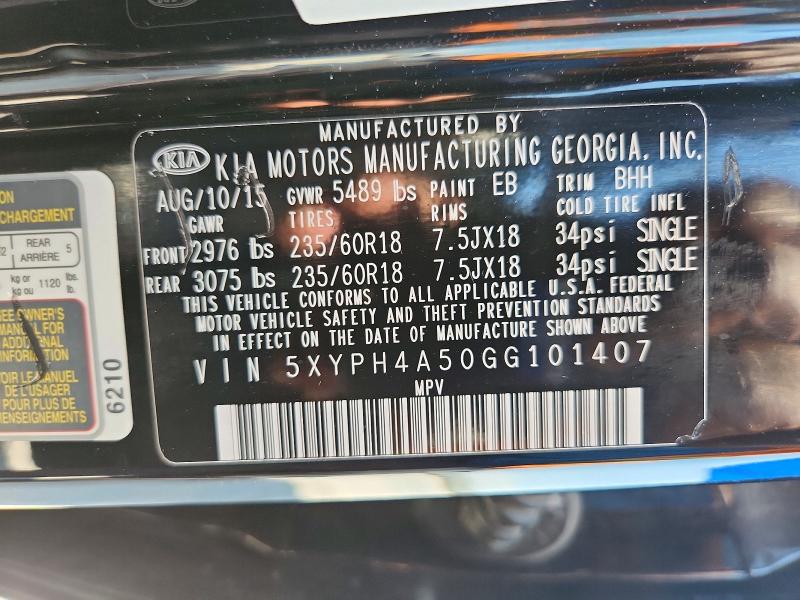 64280146 :رقم المزاد ، 5XYPH4A50GG101407 vin ، 2016 Kia Sorento مزاد بيع